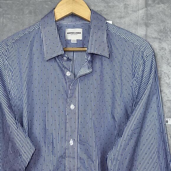 Scotch & Soda Men Blue Stripe Stretch Dress Shirt Size 18 35/36 Red Dots Casual - Picture 1 of 10